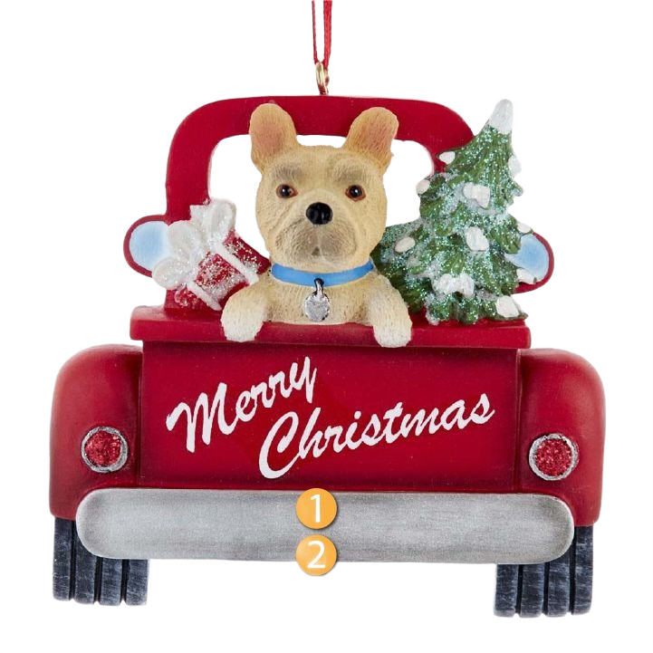 Red truck Christmas ornament with a French Bulldog, tree, and gifts for holiday decoration under $50