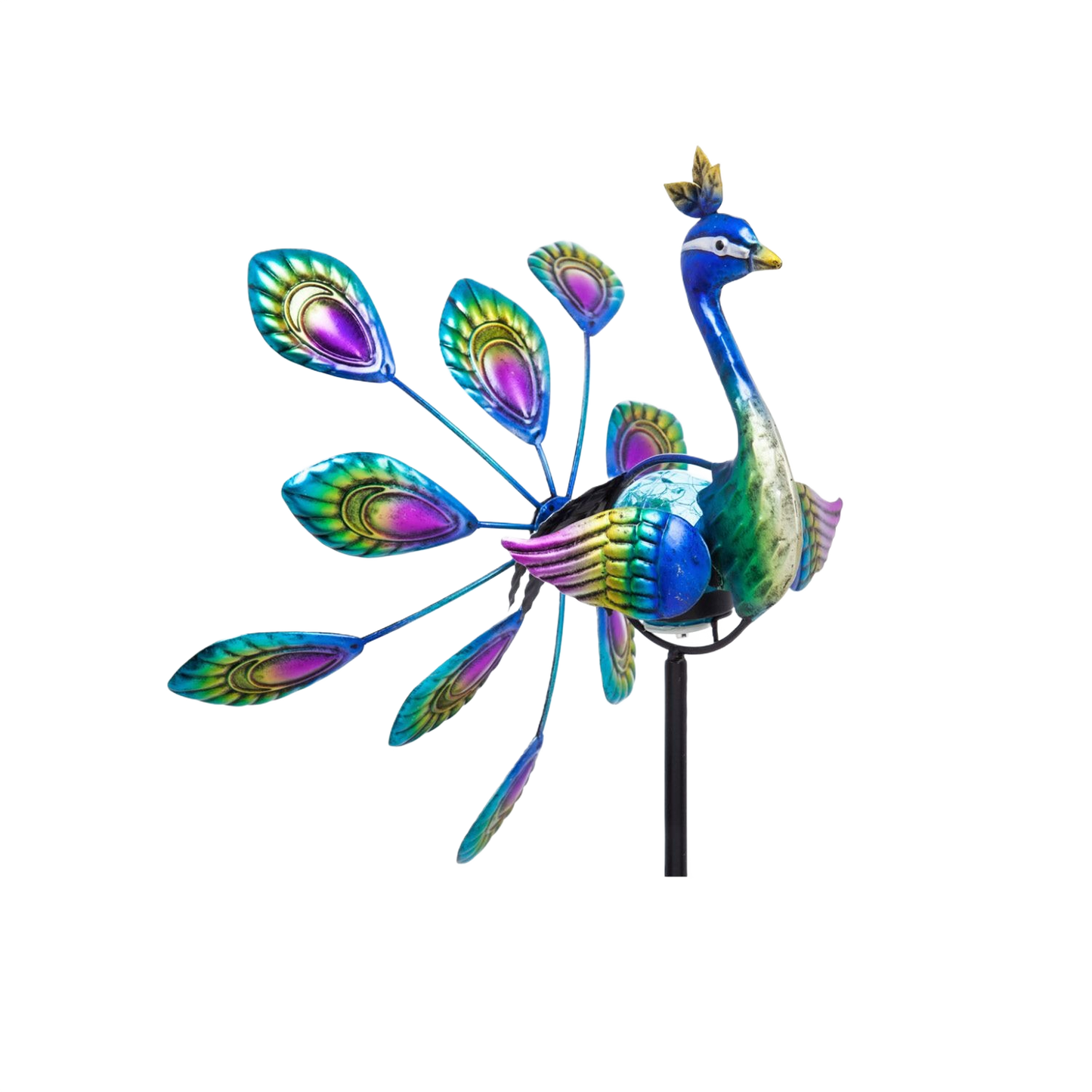 Colorful blue and green peacock garden spinner with solar-powered lights and metal stake for outdoor decor and home improvement.