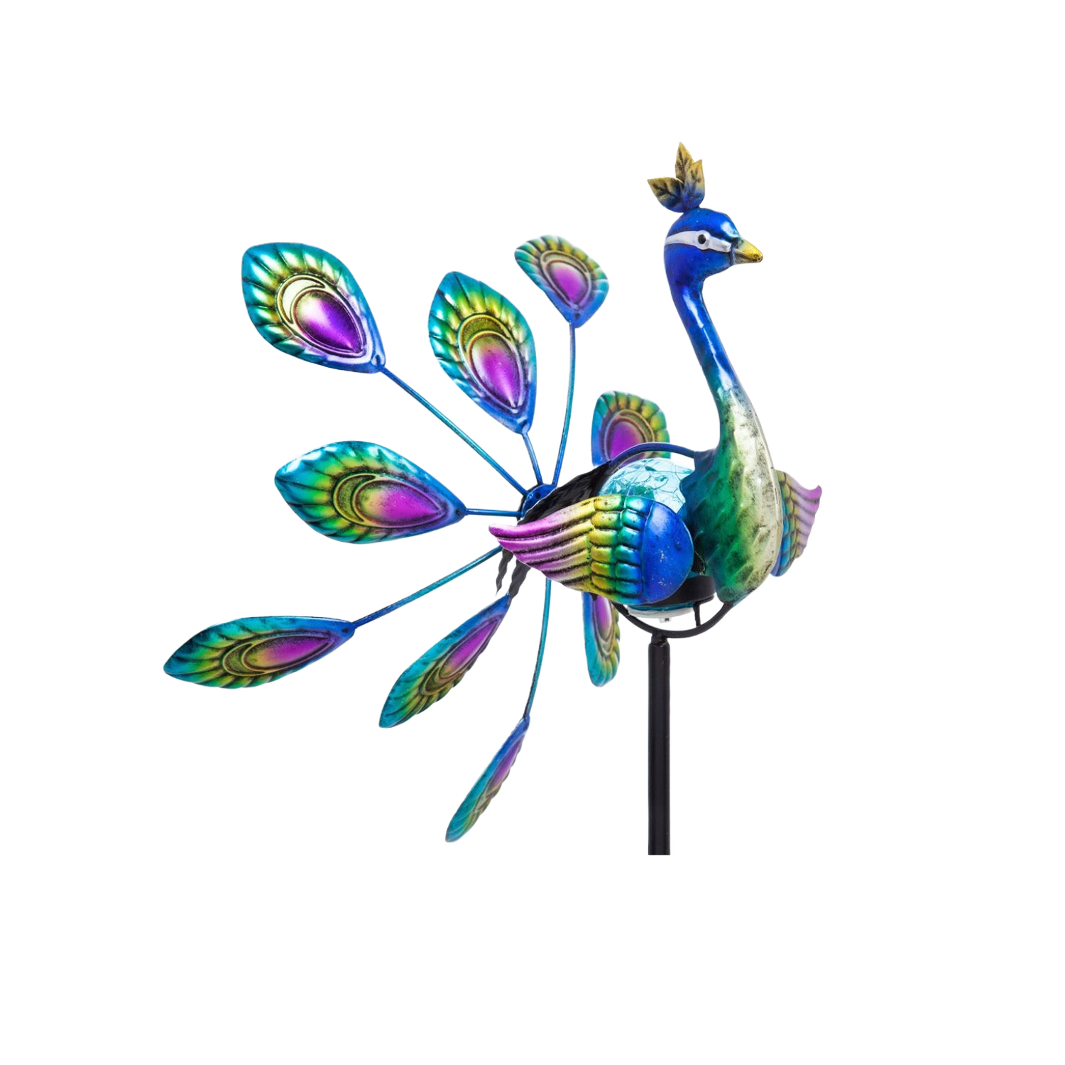 Colorful blue and green peacock garden spinner with solar-powered lights and metal stake for outdoor decor and home improvement.