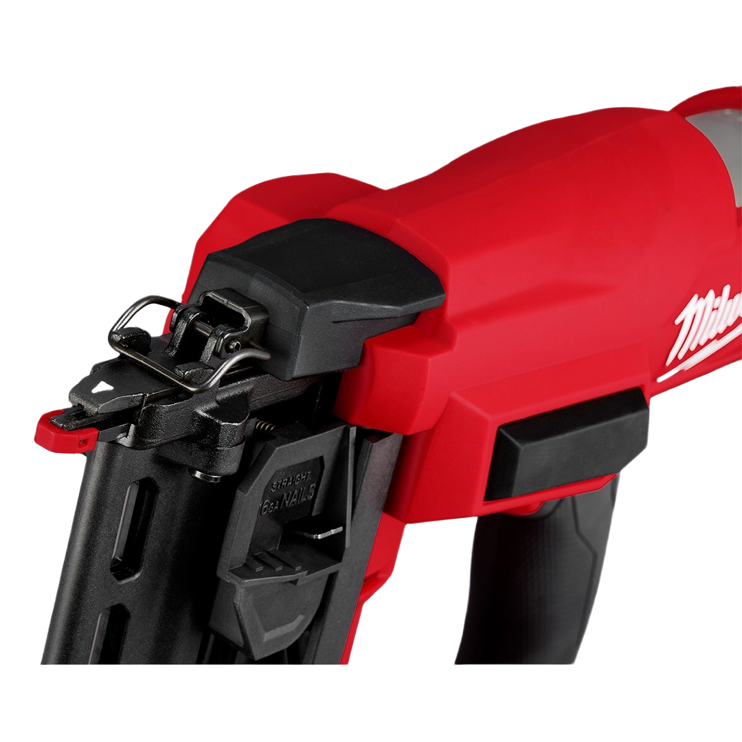 Red and black cordless 16 gauge straight finish nailer designed for precise home improvement projects