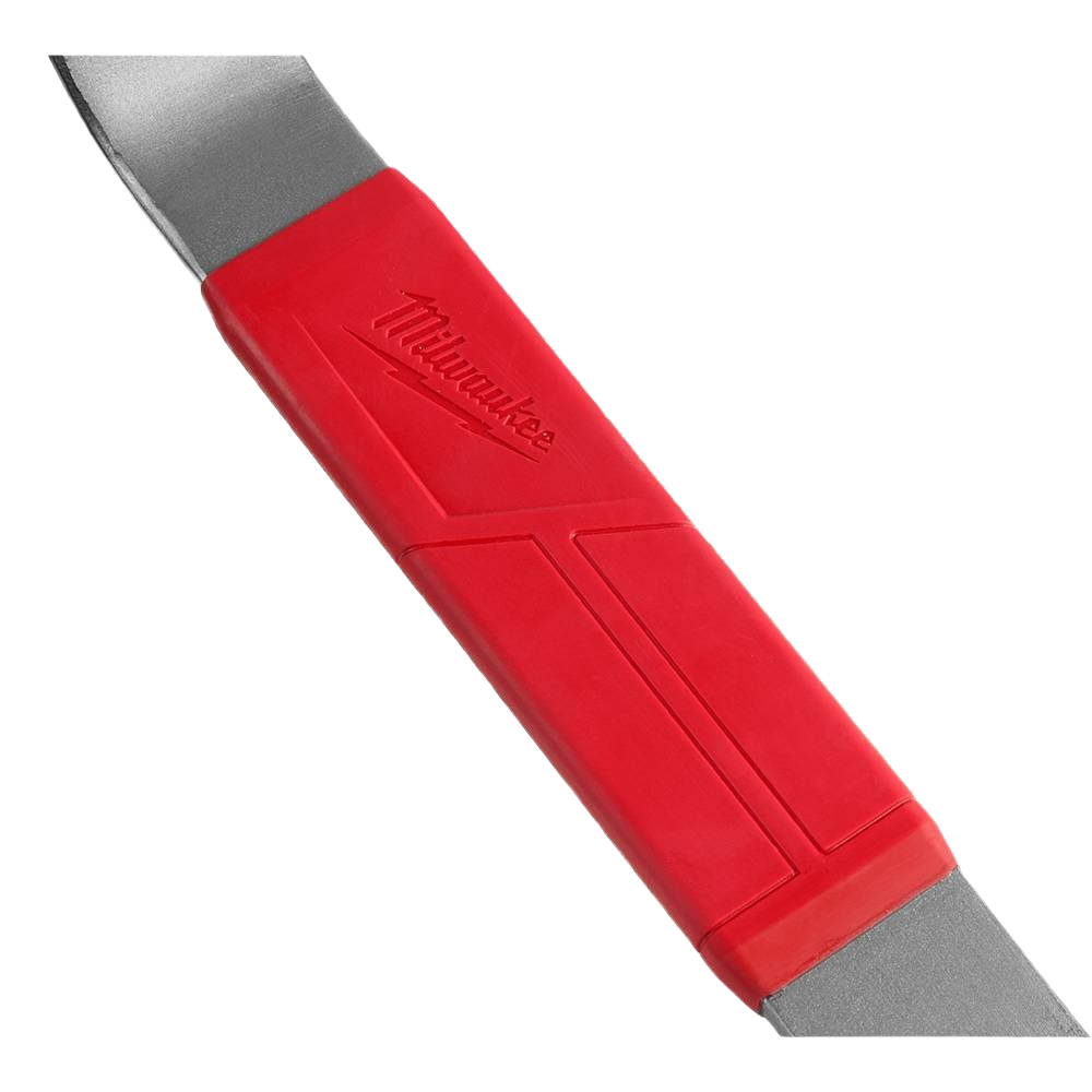 Metal pry bar with red rubber grip embossed with Milwaukee logo for leverage in home improvement tasks