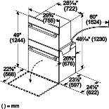 Line drawing with measurements of a Bosch 800 Series combination wall oven for kitchen and home improvement planning