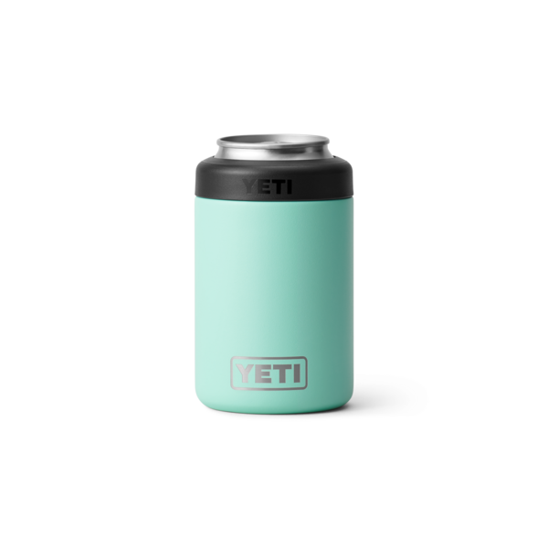 Turquoise insulated 12-ounce can holder with black top, designed to keep beverages cold in drinkware collections