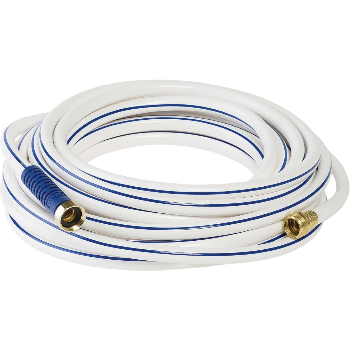 Coiled white vinyl RV and marine hose with brass fittings for watering and irrigation in lawn and garden use