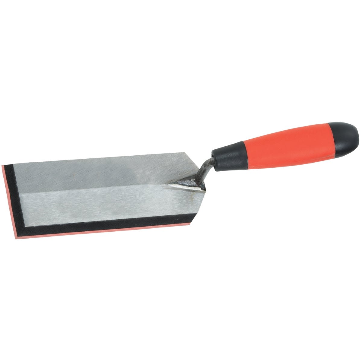 Hand tool with a metal blade and red rubber handle for spreading grout in home improvement projects