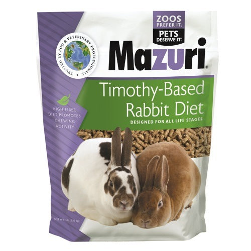 Bag of Mazuri rabbit diet pellets with image of two rabbits on green and purple packaging for pet nutrition