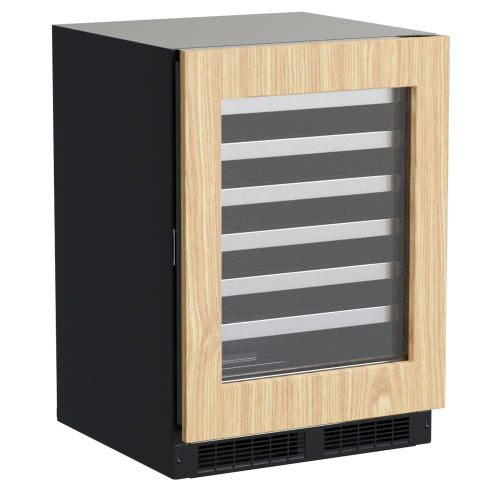 Built-in single zone wine refrigerator with reversible wood grain door and metal shelving in kitchen appliances collection