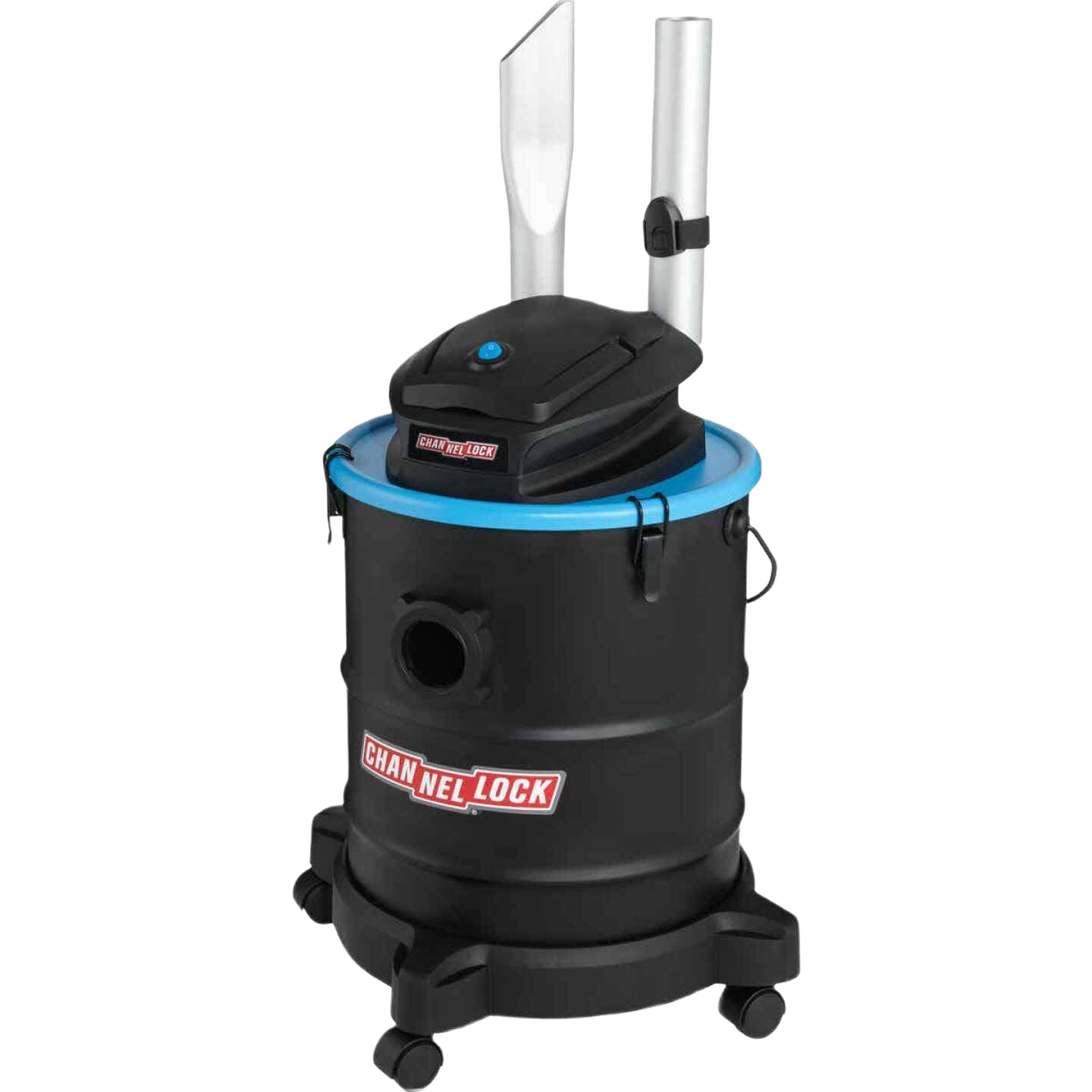 Black ash vacuum with blue trim and metal tubes on caster wheels for tools and home improvement tasks