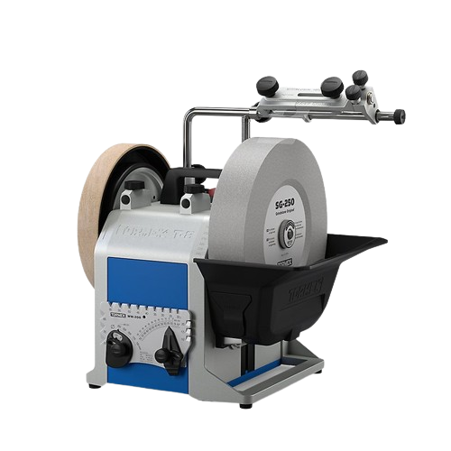 Precision sharpening system with grinding wheel, adjustable angle guide, and water trough for woodworking tool maintenance