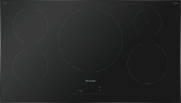 Black 36-inch Thermador induction cooktop with five cooking zones and touch controls from Appliances collection