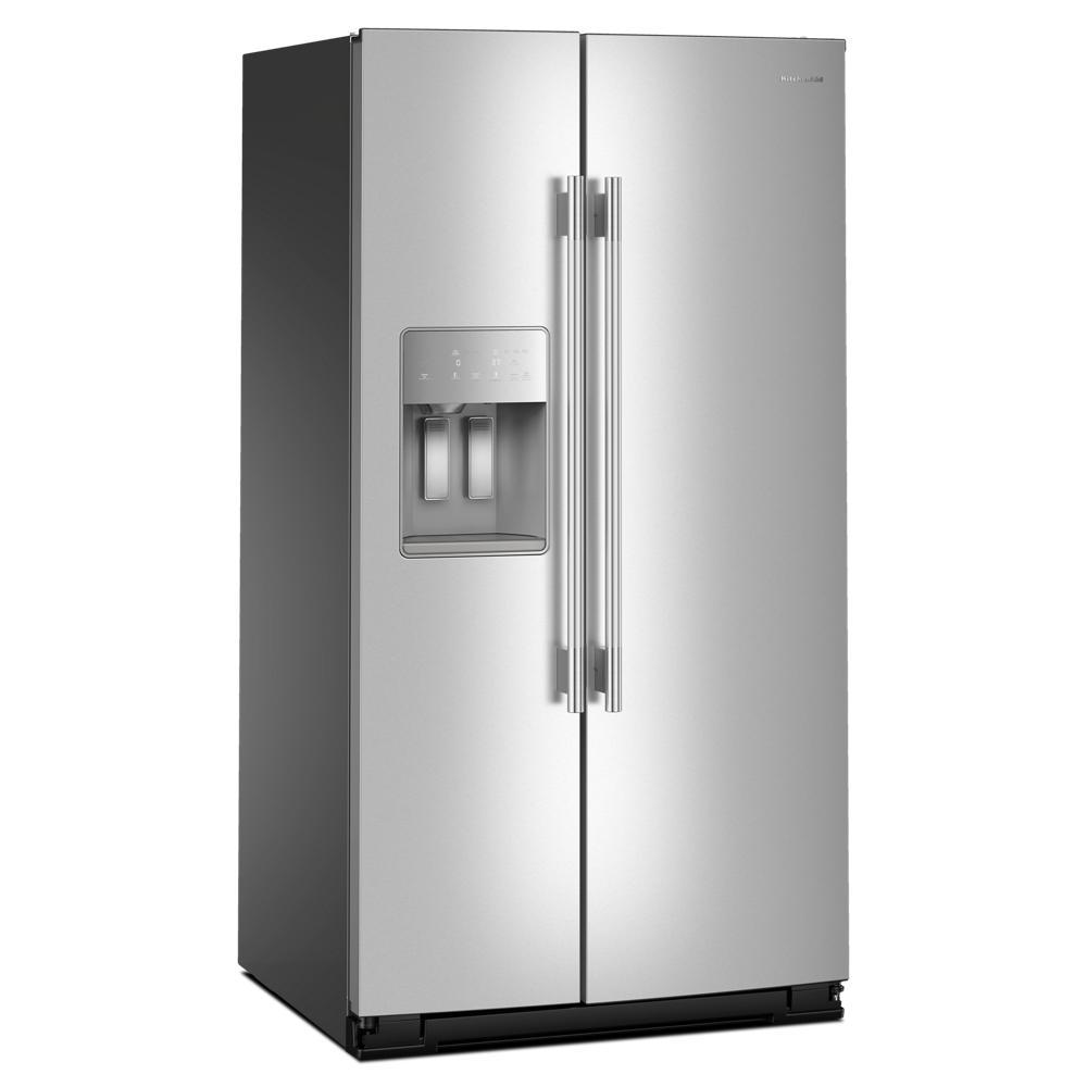 Stainless steel side-by-side refrigerator with water dispenser in KitchenAid appliances and home improvement collection