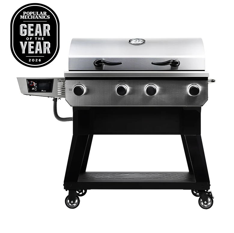 Stainless steel and black pellet grill with four control knobs, digital panel, and wheeled base, featured in Wood Pellet Grills and Outdoor Living collections.