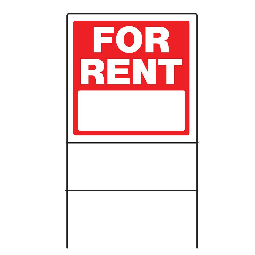 Red and white metal For Rent sign with blank space and metal frame for outdoor home improvement use