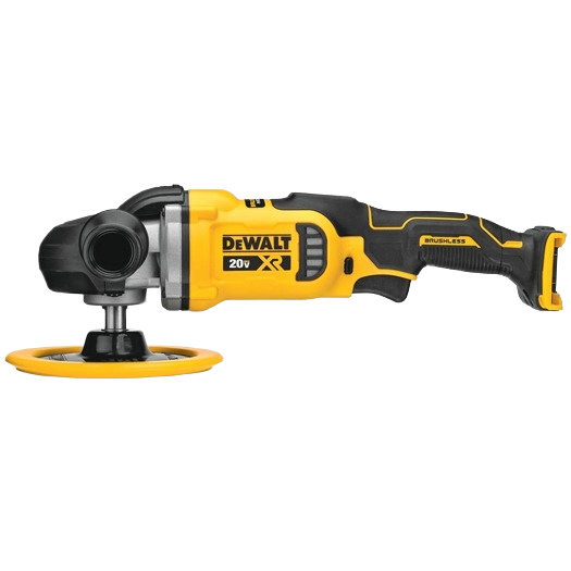 Cordless yellow and black rotary polisher with ergonomic grip designed for variable-speed home improvement tasks