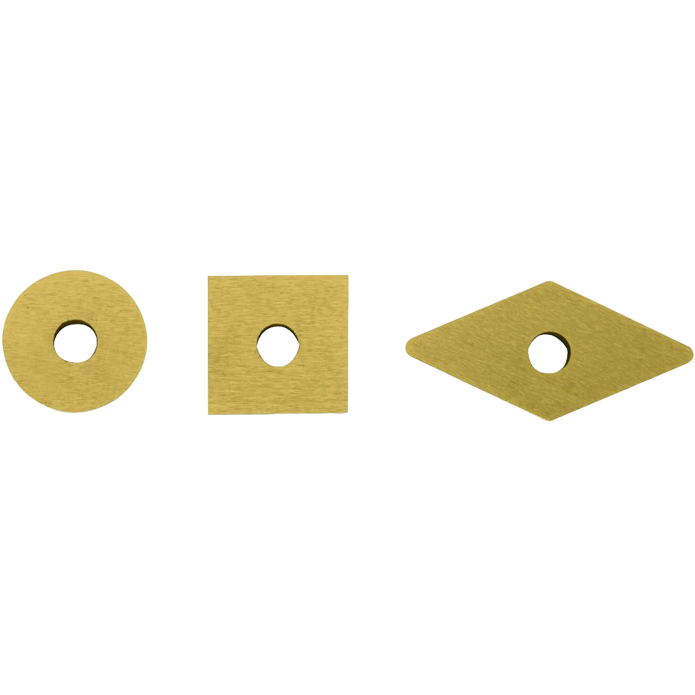 Three brass cutter blades in round, square, and diamond shapes for tools and home improvement projects