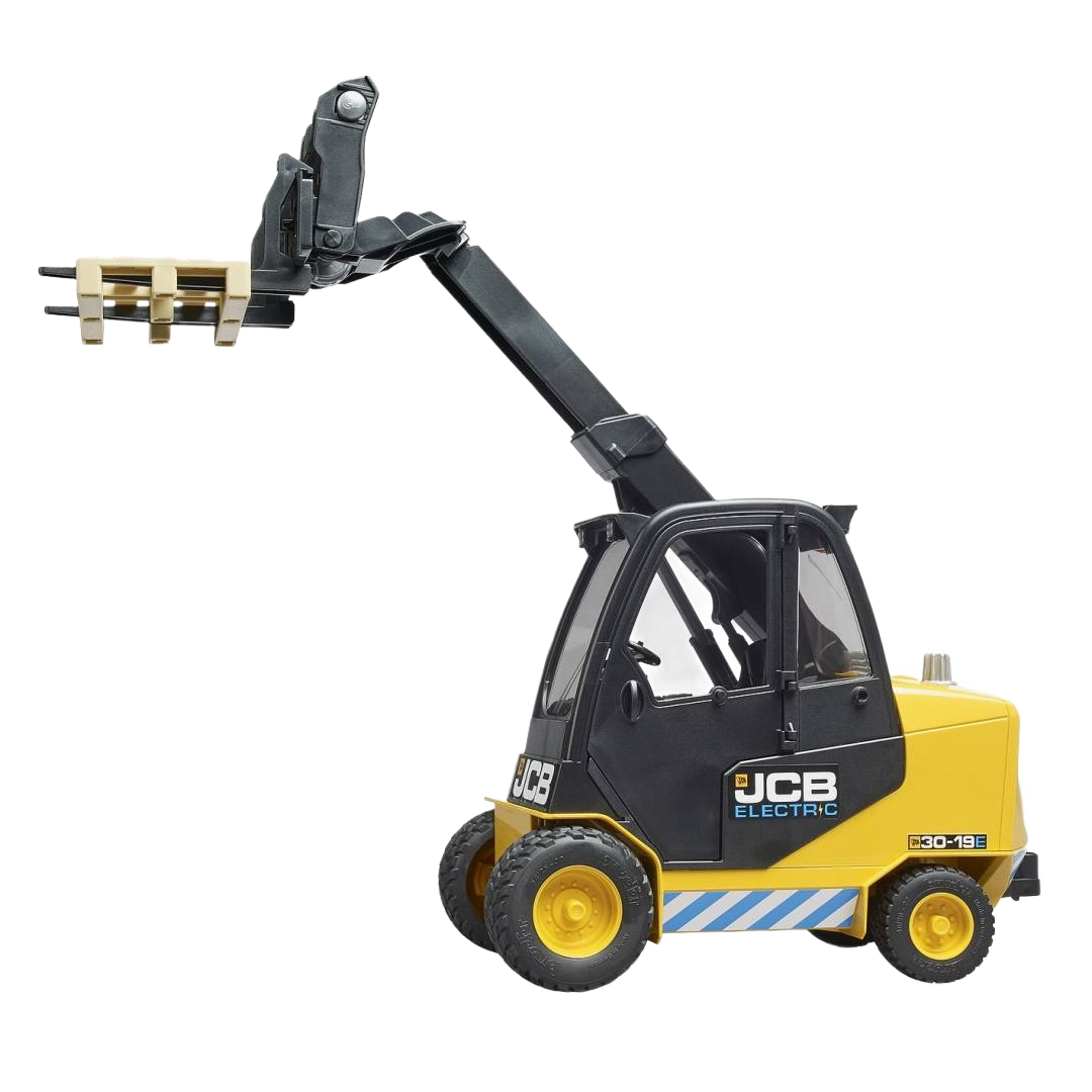 Yellow and black electric teletruk with raised arm holding a small wooden pallet for construction or home improvement tasks