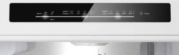 Control panel of a Bosch fridge-freezer with temperature settings and alert icons in refrigerators and kitchen appliance collections