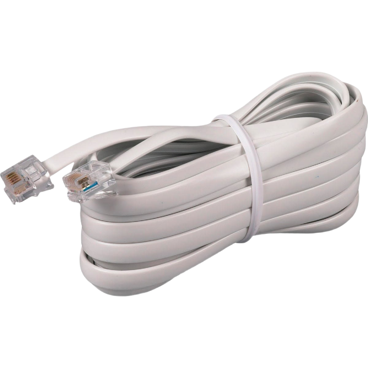 White flat telephone base cord with clear modular connectors for reliable home and office communication use