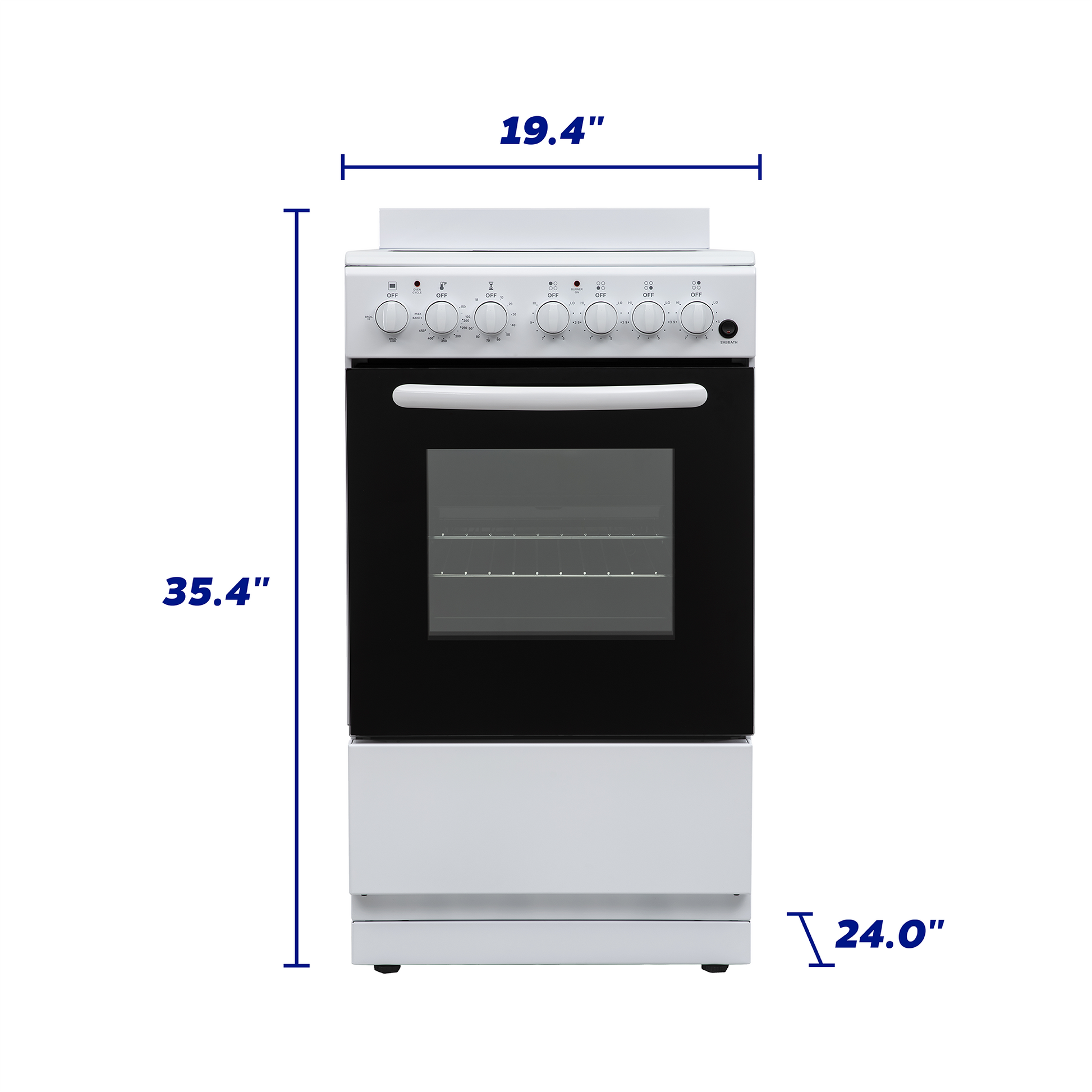 Compact white electric range with black oven window, six control knobs, and oven handle for kitchen appliance collection