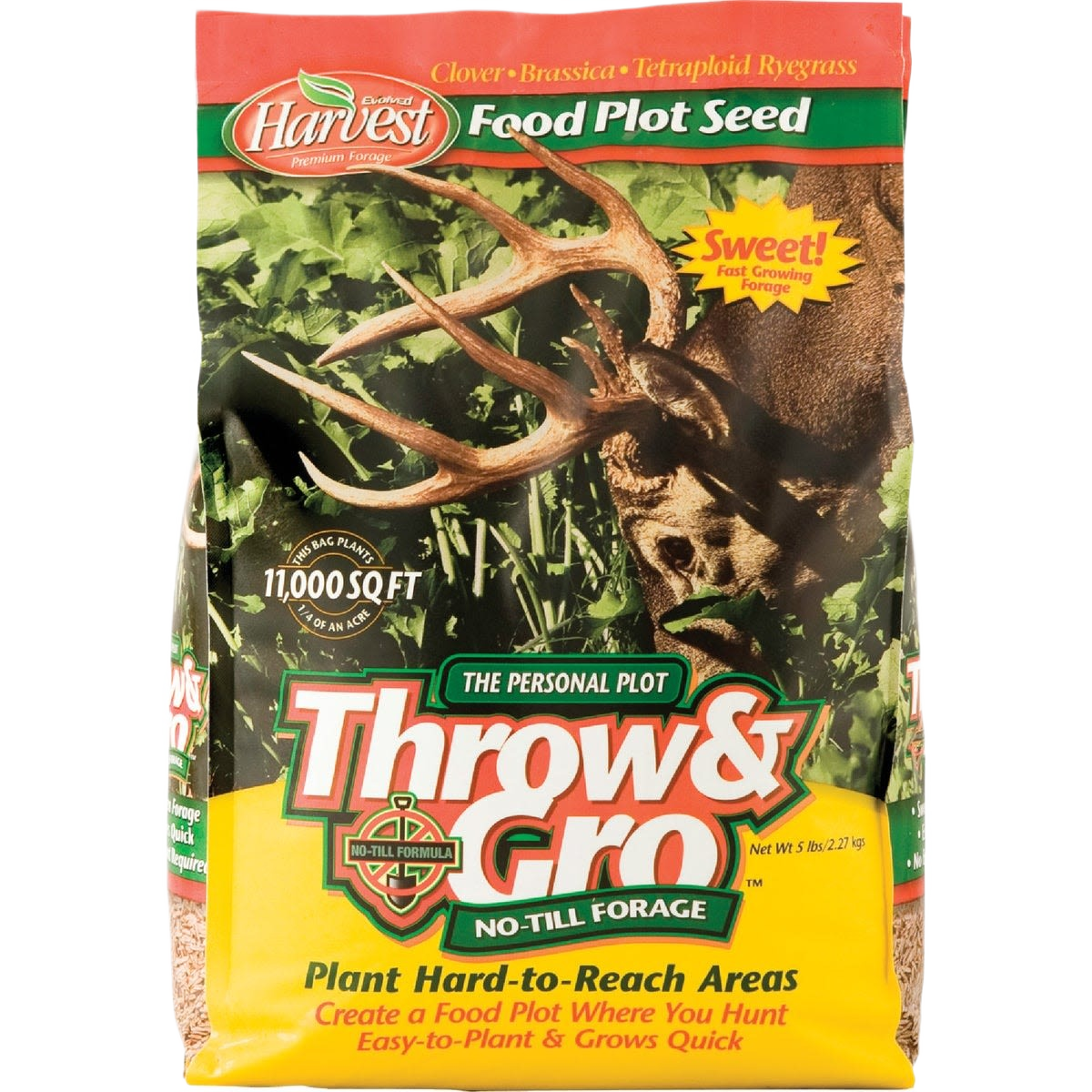 Bag of Evolved Harvest Throw & Gro food plot seed with no-till forage for fast-growing, easy-to-plant hunting vegetation