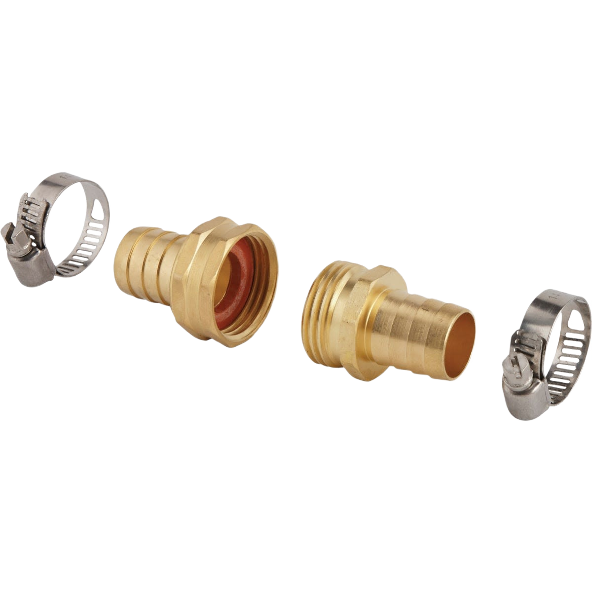 Heavy-duty brass hose mender set with 3/4 inch fittings and metal hose clamps for home improvement tasks