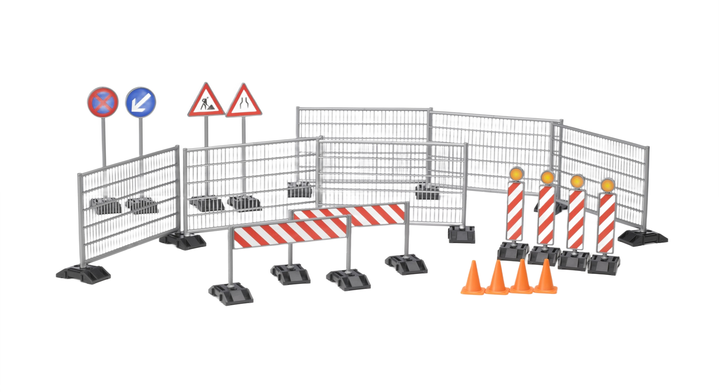 Miniature plastic construction fencing with striped barricades, pylons, and site warning signs for home improvement play sets