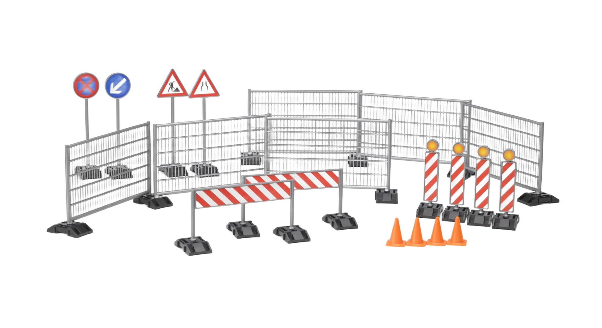 Miniature plastic construction fencing with striped barricades, pylons, and site warning signs for home improvement play sets