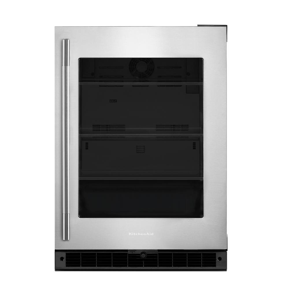 Stainless steel undercounter refrigerator with glass door, interior shelving, and ventilation in Kitchen & Kitchenware at Hartville Hardware