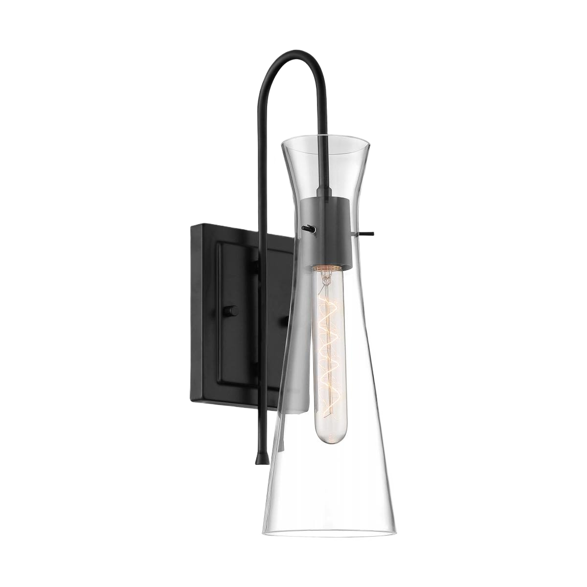 Black metal wall sconce with clear glass shade and vintage-style exposed filament bulb for bathroom and vanity lighting