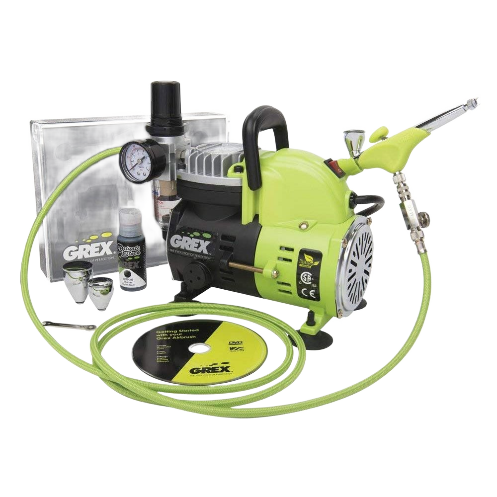 Compact airbrush compressor kit with bright green hose and top gravity-feed airbrush for paint sprayers collection