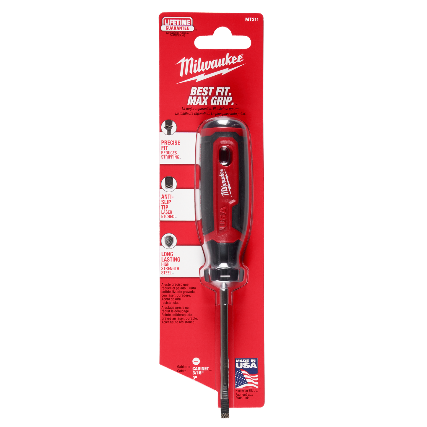 Red Milwaukee cabinet screwdriver with cushioned grip handle and 3-inch shank for tools and home improvement use