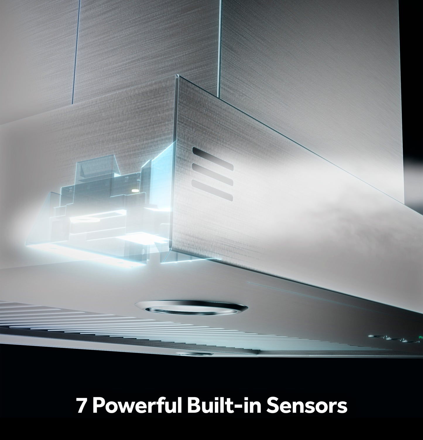Close-up of stainless steel island-mount vent hood highlighting powerful built-in air quality sensors in modern kitchen appliance setting
