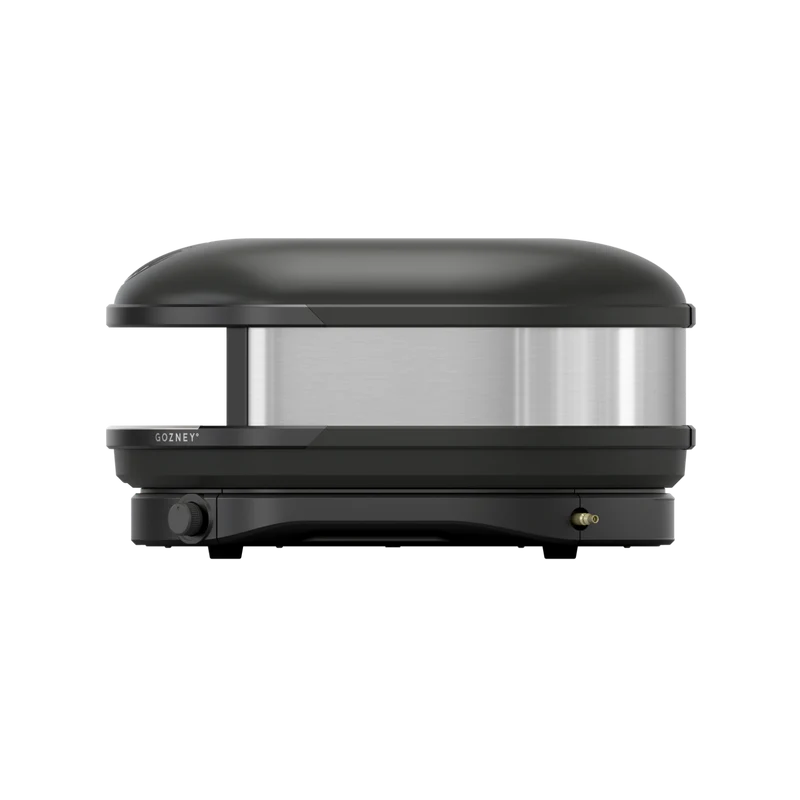 Sleek black pizza oven with stainless steel accents designed for outdoor grilling and cooking enthusiasts