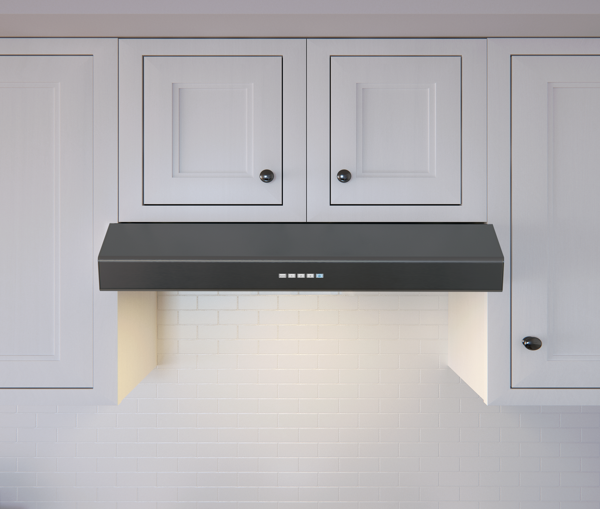 Sleek black stainless steel under cabinet range hood with LED lighting installed beneath white cabinetry, part of Range Hoods and Kitchen & Kitchenware collections.