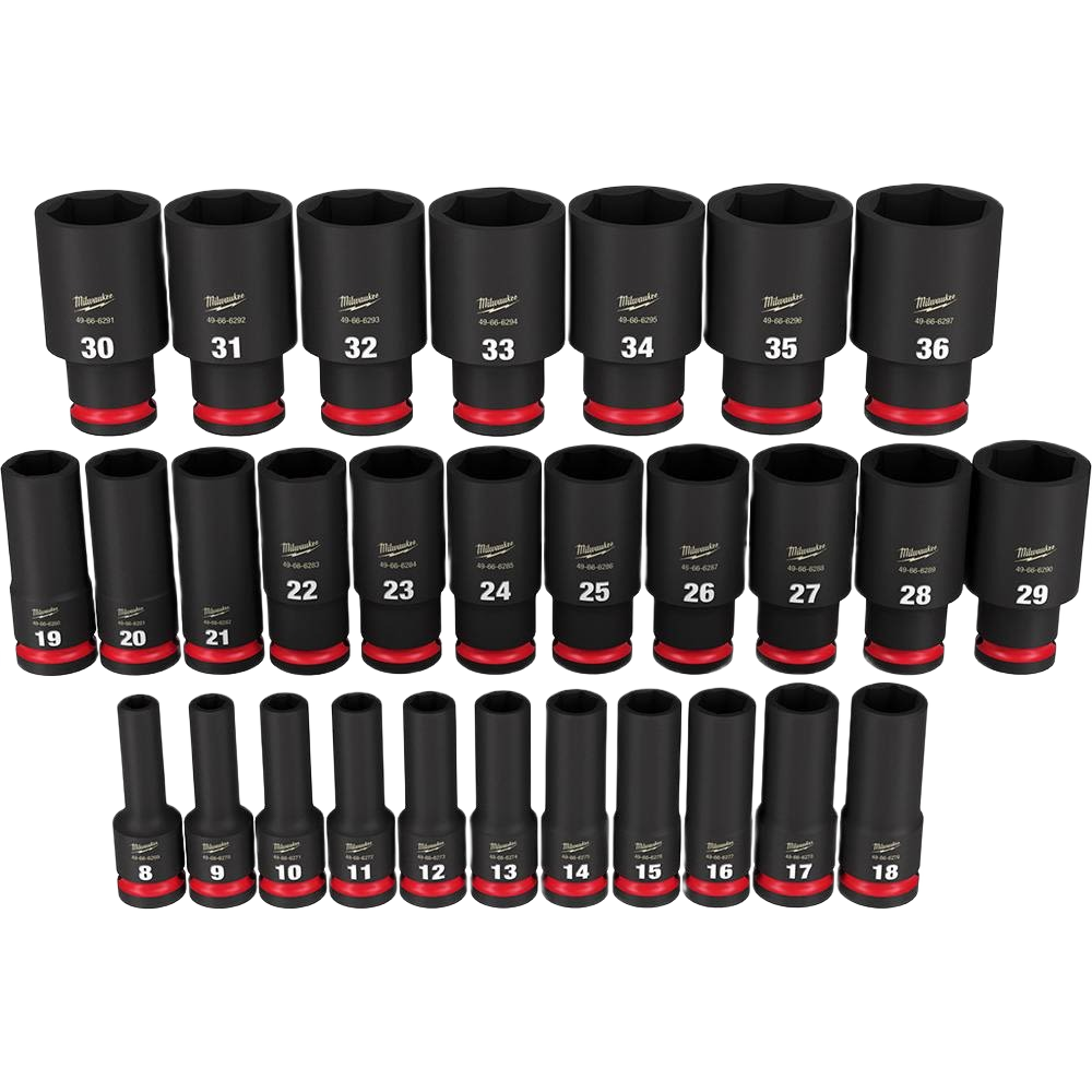 29-piece set of metric deep impact sockets with black finish and red accents for hand and woodworking tools collections