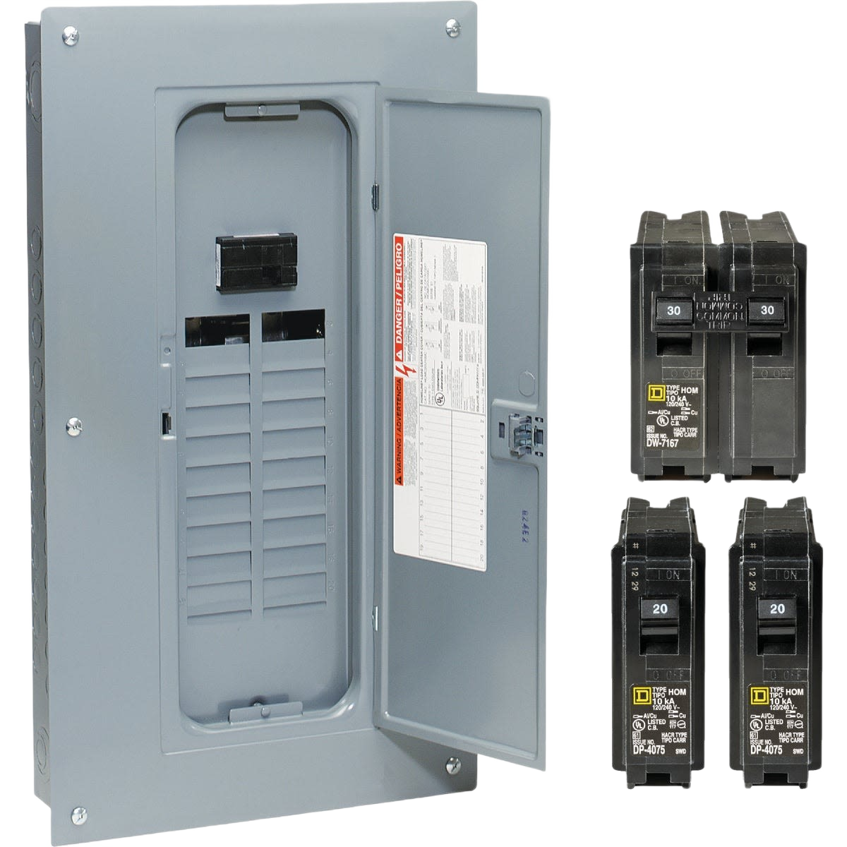 Gray electrical load center with door open showing breaker slots next to black circuit breakers for home improvement