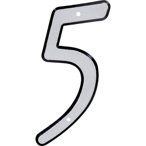 Reflective silver number 5 with black border and pre-drilled holes for easy nail-on installation in home improvement projects
