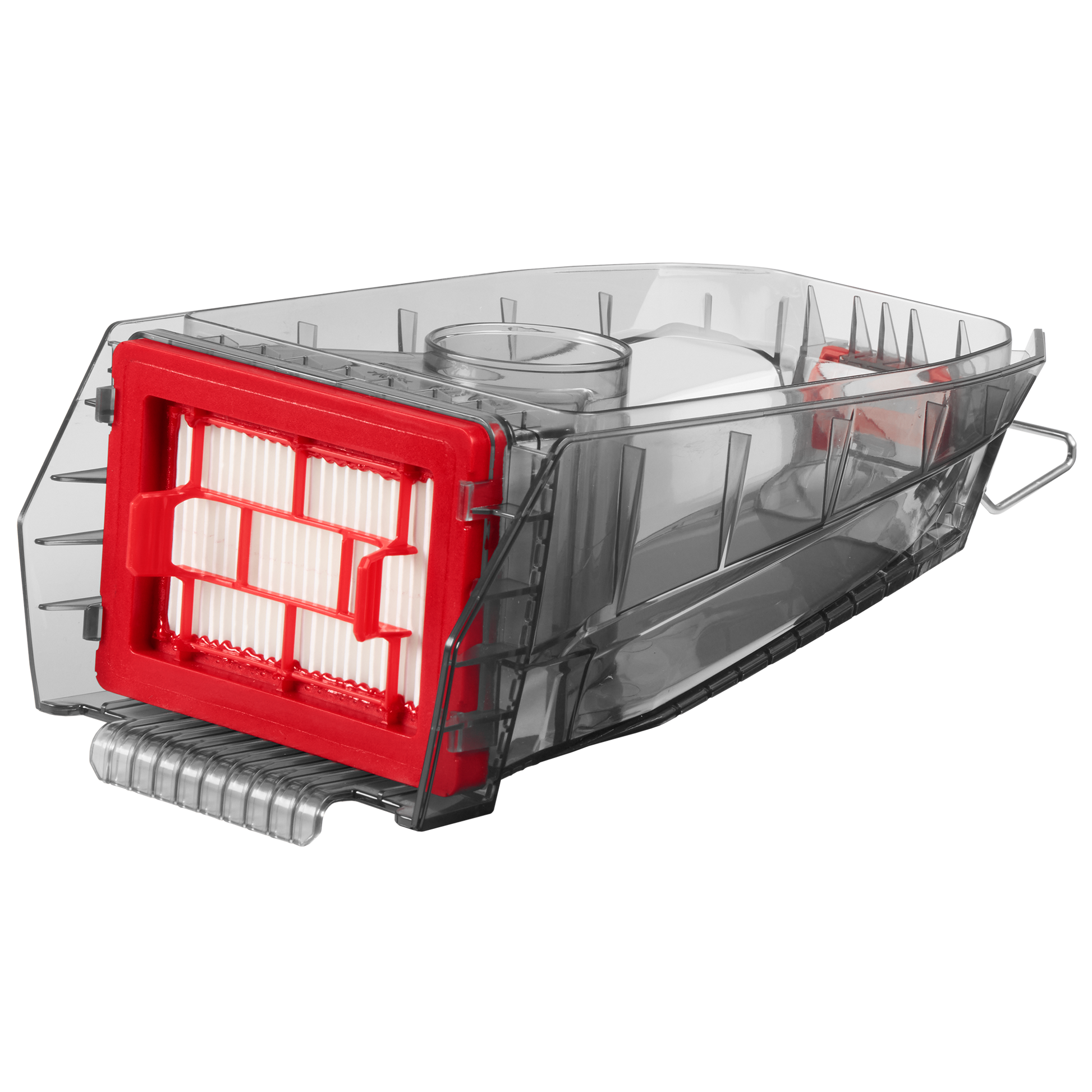 Clear replacement dust container with red filter frame designed for efficient debris collection in handheld vacuum cleaning supplies at Hartville Hardware.
