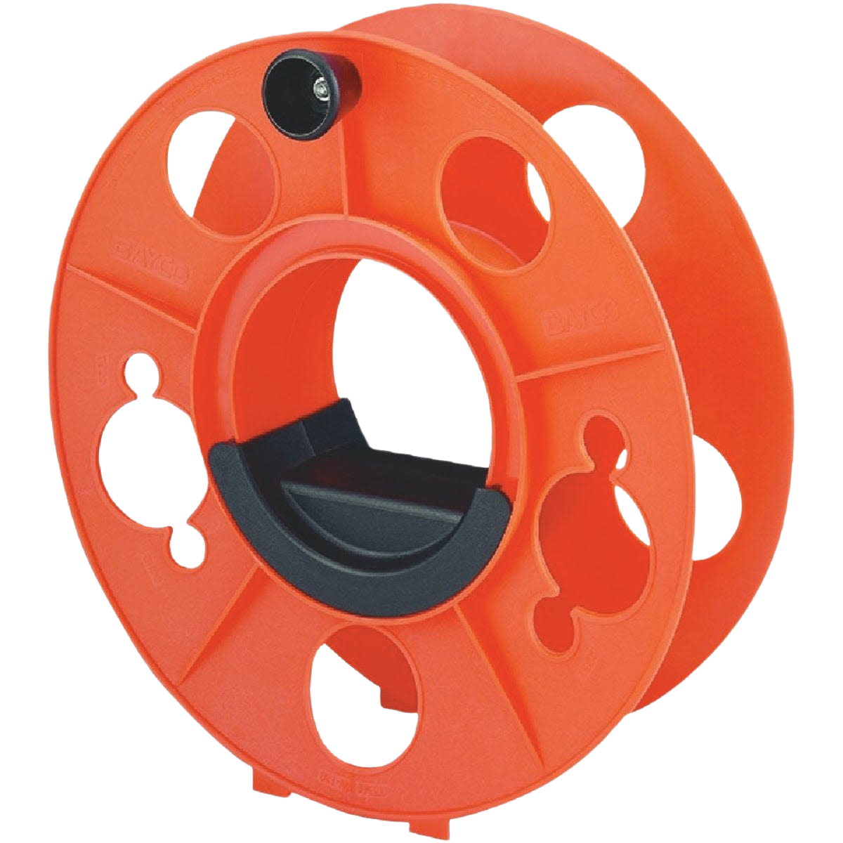 Orange plastic cord reel with black handle for organizing extension cords in electrical and appliance parts collections