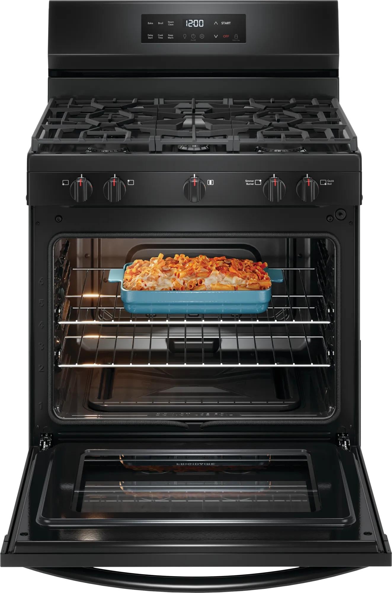 black gas range with five burner cooktop and open oven containing baked pasta dish for kitchen appliances