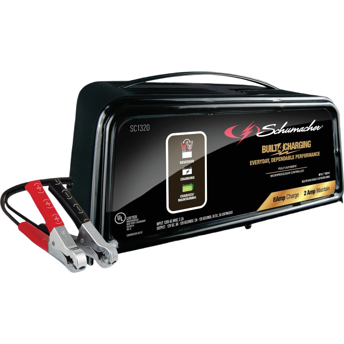 Compact Schumacher 6V/12V manual battery charger with clamps for automotive and mechanic tools in battery accessories collection