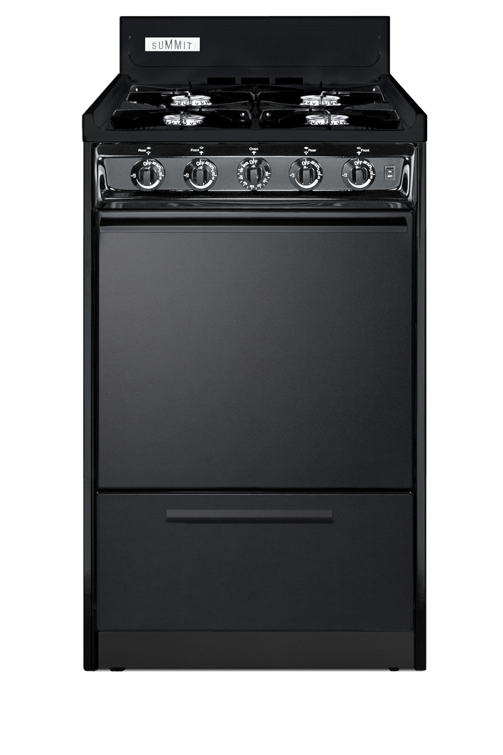Compact black gas cooking range with four open burners and front control knobs for home improvement kitchens