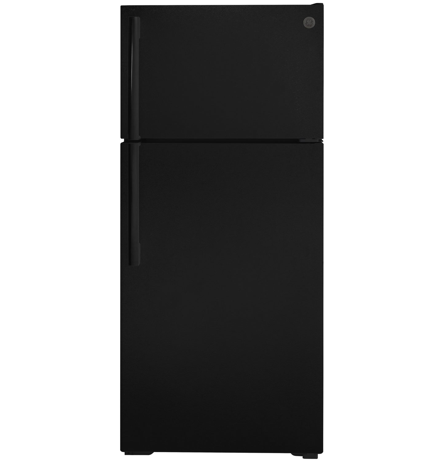 Matte black top-freezer refrigerator with minimalist design and recessed handles from kitchen appliances collection