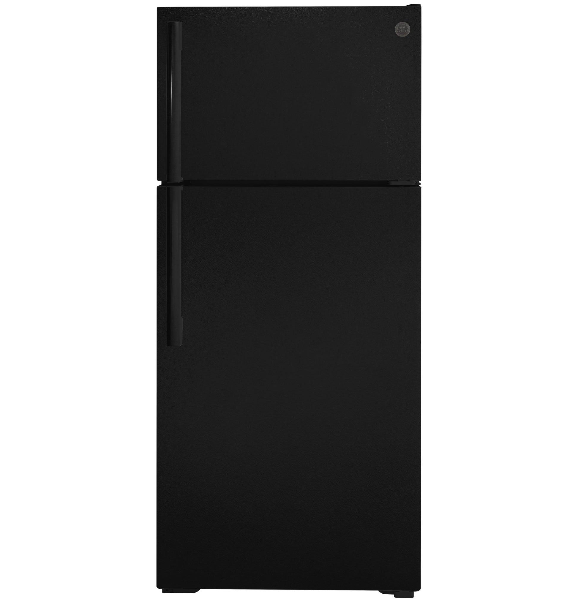 Matte black top-freezer refrigerator with minimalist design and recessed handles from kitchen appliances collection