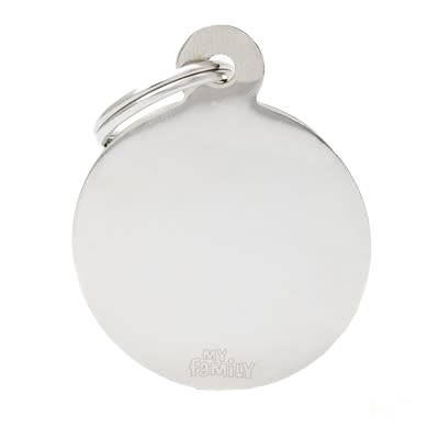 Large round chrome pet ID tag with attached keyring for durable pet identification and safety purposes