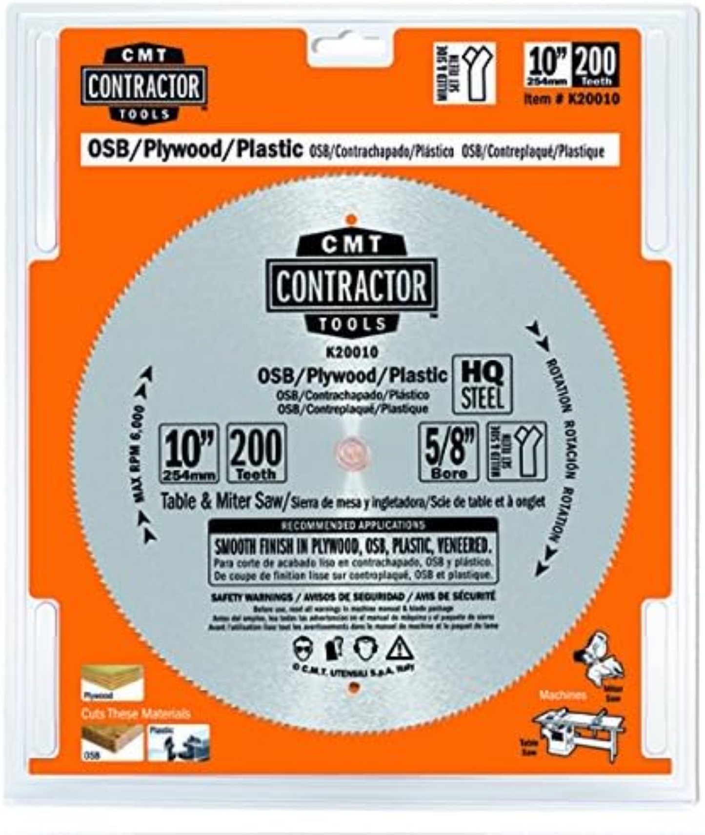 CMT Orange Tools 10" 200T Contractor Finish Saw Blade For Plywood 10’’x0.094”/0.071”X5/8” <>  T=200