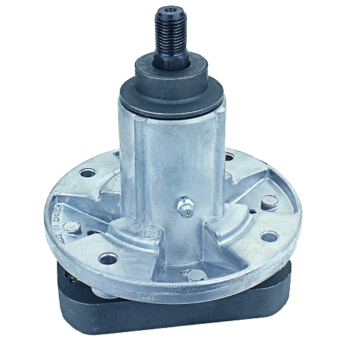 Metal mower drive spindle assembly with mounting holes and central threaded shaft for lawn equipment maintenance and repair