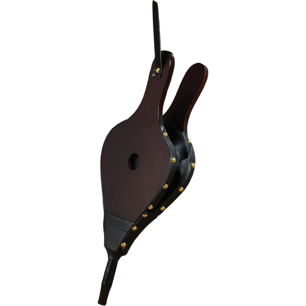 Dark wood fireplace bellows with black studded edges and nozzle for fire tending in plumbing and home improvement tools