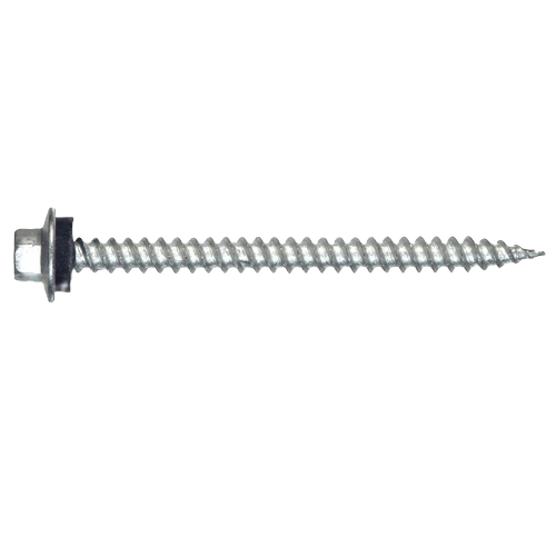 Long silver threaded retainer nut with hexagonal head and black rubber washer for home improvement projects