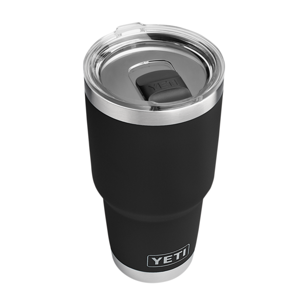 Black insulated tumbler with stainless steel rim and clear spill-resistant lid, suitable for Drinkware, Tableware, and Kitchen & Kitchenware collections under $100.